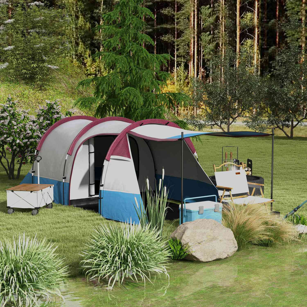Camping tent, tunnel tent for 3 people, with light hooks, awning, 2 rooms, windproof family tent with carry bag, 2000 mm water-repellent pop up tent for camping, garden, red