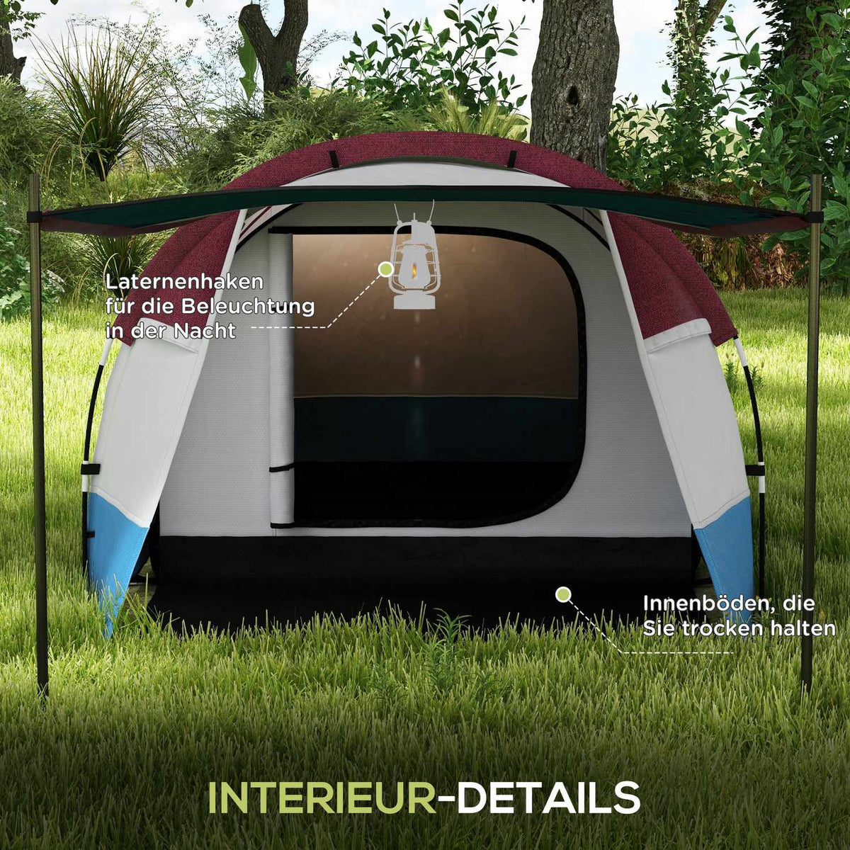 Camping tent, tunnel tent for 3 people, with light hooks, awning, 2 rooms, windproof family tent with carry bag, 2000 mm water-repellent pop up tent for camping, garden, red