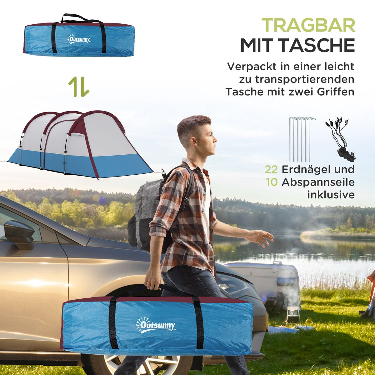 Camping tent, tunnel tent for 3 people, with light hooks, awning, 2 rooms, windproof family tent with carry bag, 2000 mm water-repellent pop up tent for camping, garden, red