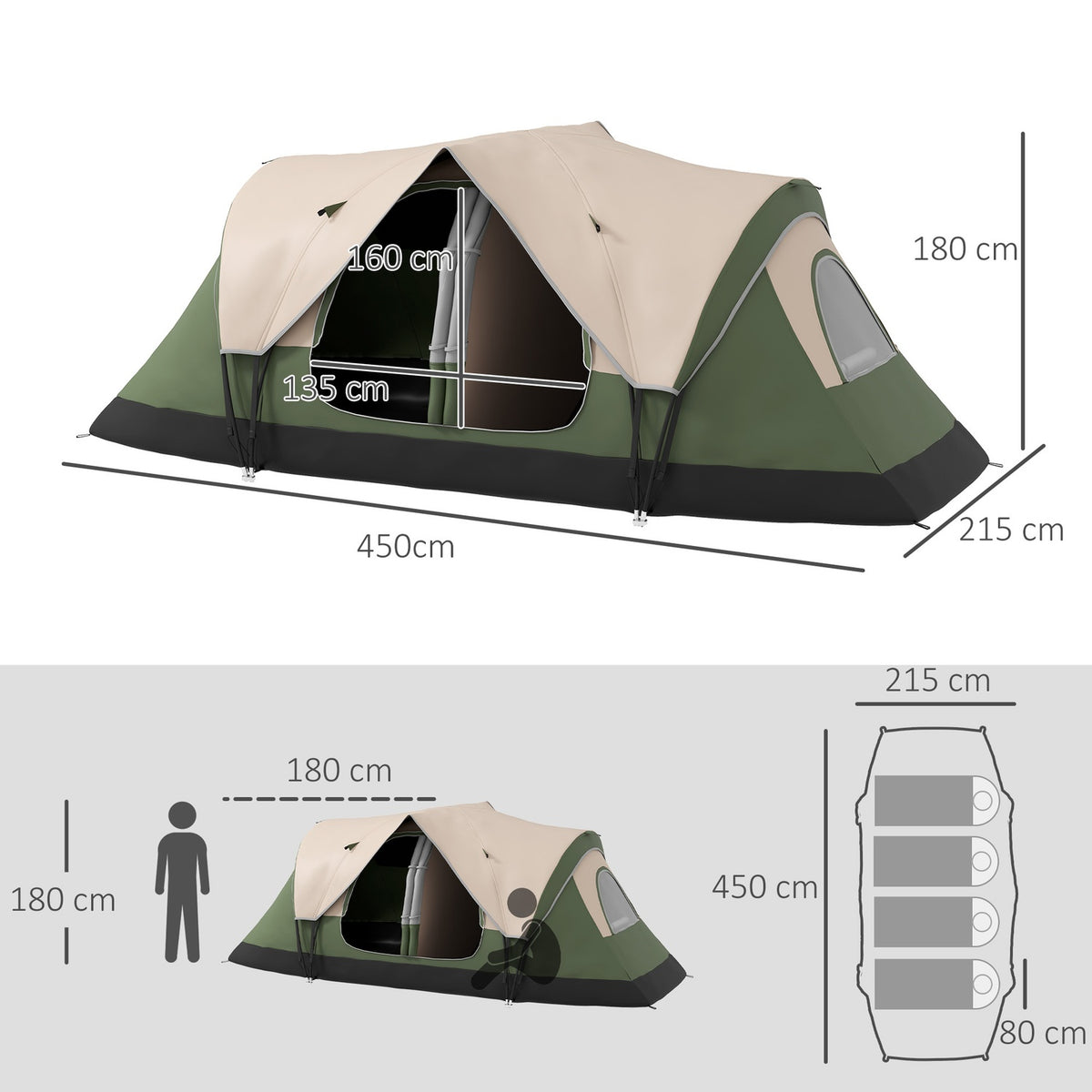 Camping tent, tunnel tent for 8 people, with light hooks, mesh window, 2 rooms, windproof family tent with carry bag, 2000 mm water-repellent group tent for camping, garden, dark green