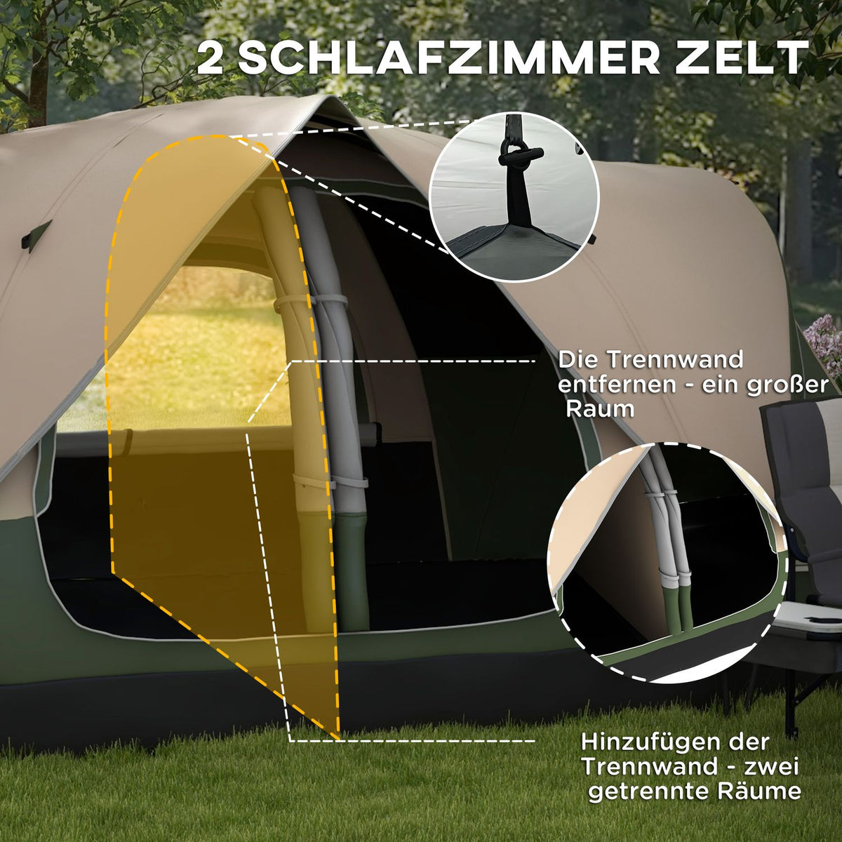Camping tent, tunnel tent for 8 people, with light hooks, mesh window, 2 rooms, windproof family tent with carry bag, 2000 mm water-repellent group tent for camping, garden, dark green