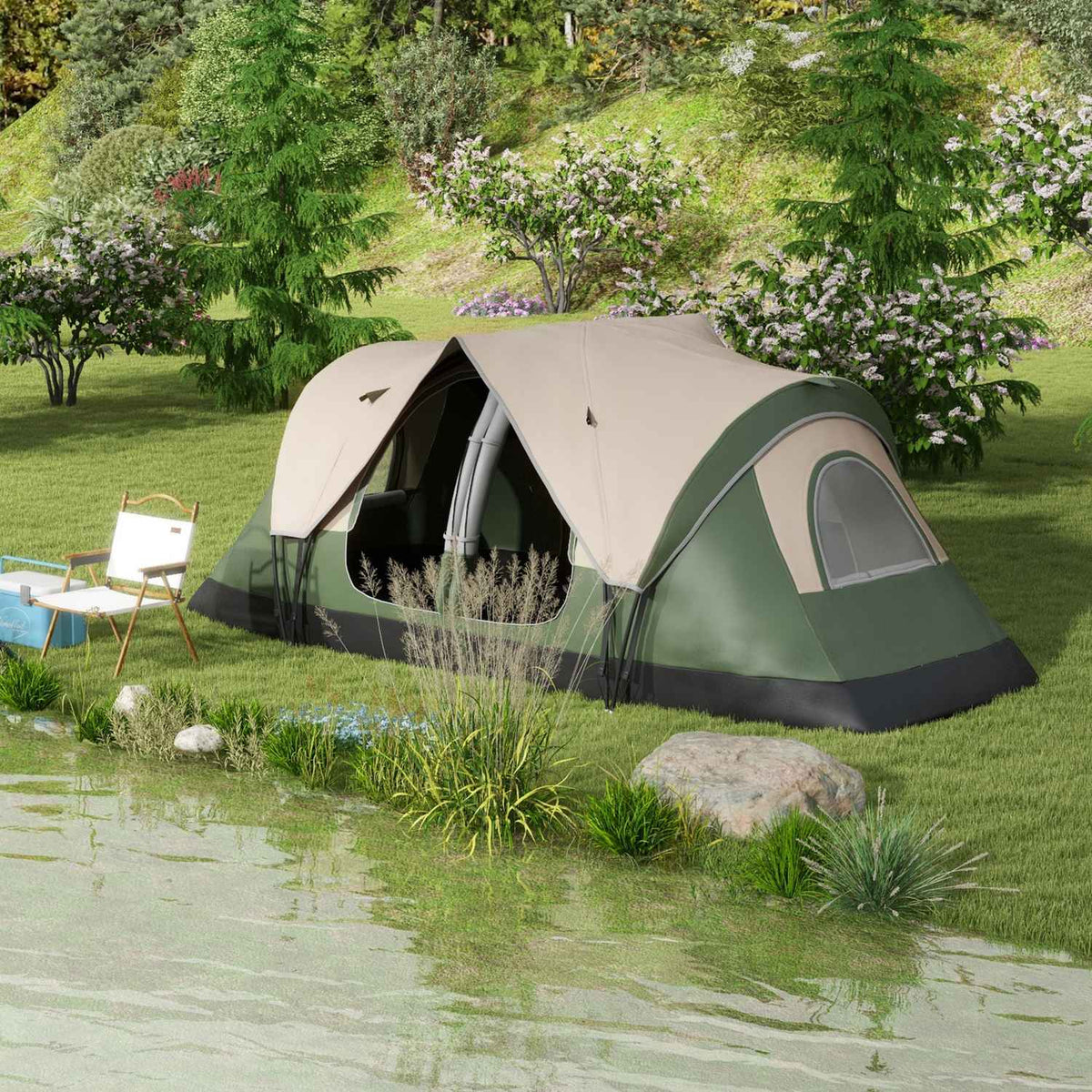 Camping tent, tunnel tent for 8 people, with light hooks, mesh window, 2 rooms, windproof family tent with carry bag, 2000 mm water-repellent group tent for camping, garden, dark green