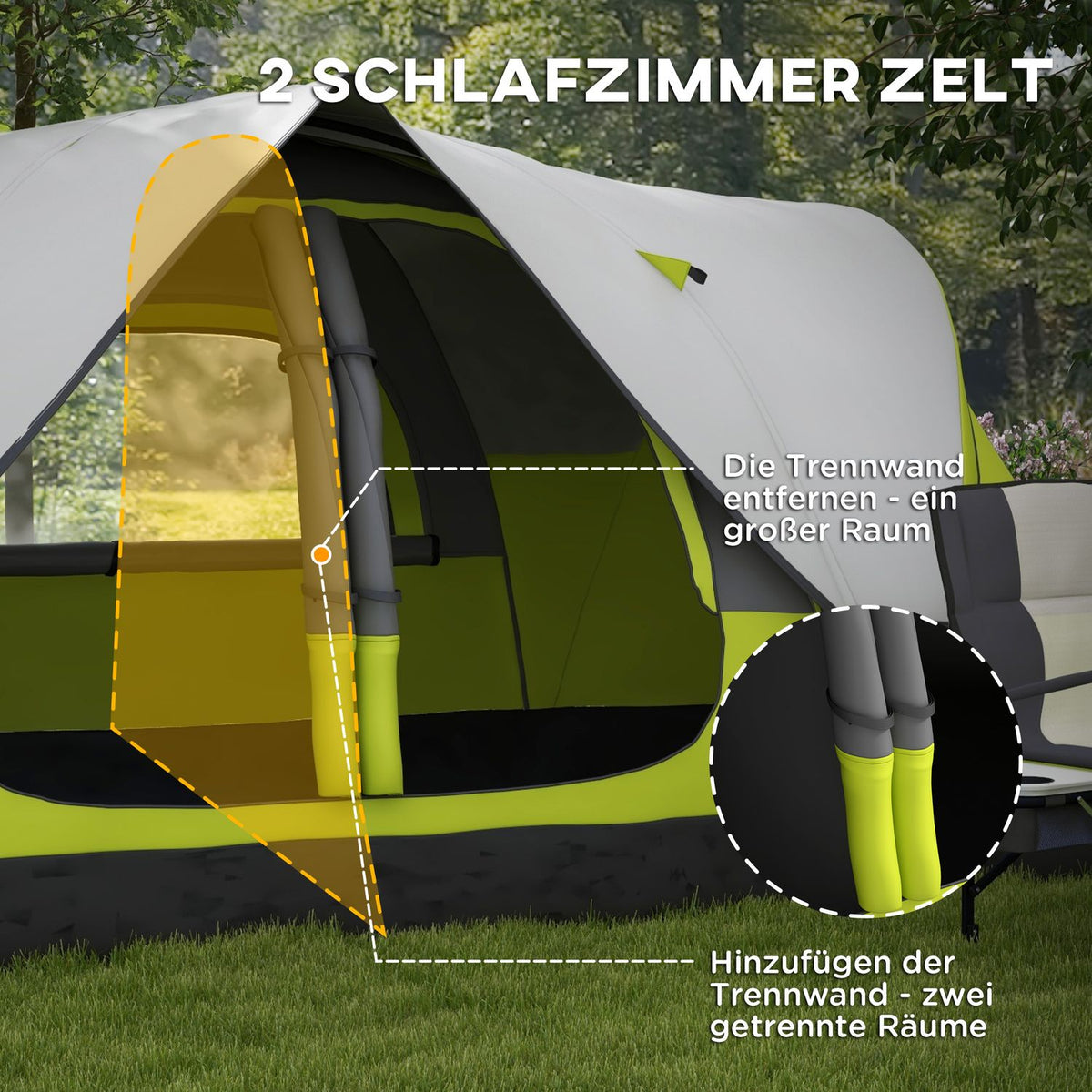 Camping tent, tunnel tent for 8 people, with light hooks, mesh window, 2 rooms, windproof family tent with carry bag, 2000mm water-repellent group tent for camping, garden, green