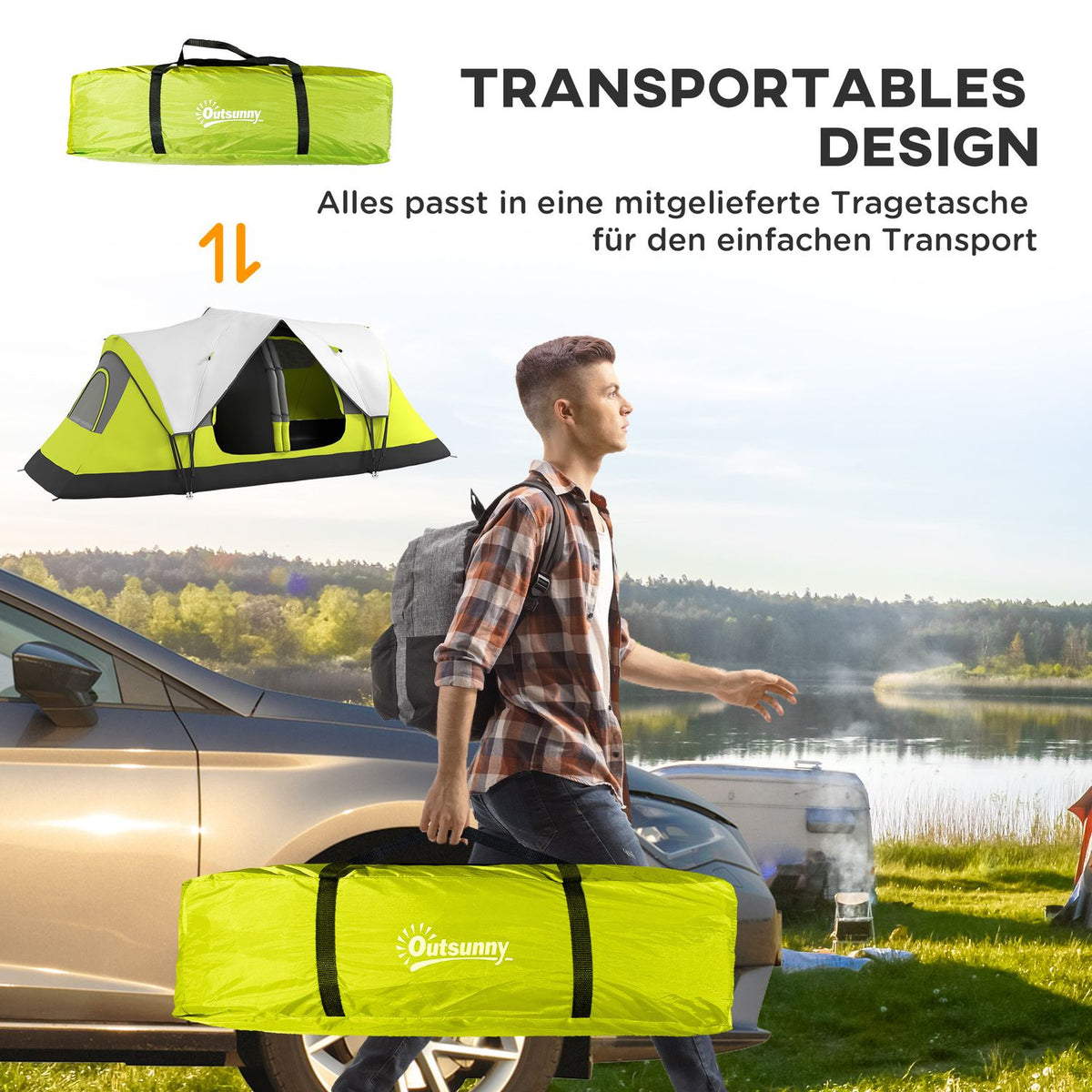 Camping tent, tunnel tent for 8 people, with light hooks, mesh window, 2 rooms, windproof family tent with carry bag, 2000mm water-repellent group tent for camping, garden, green
