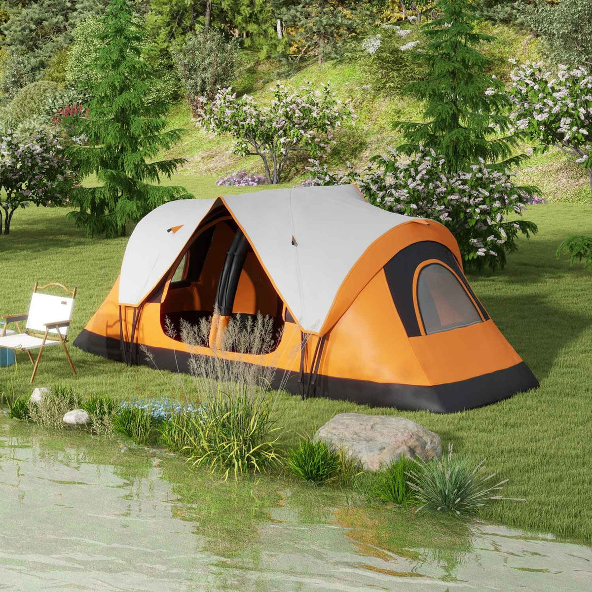 Camping tent, tunnel tent for 8 people, with light hooks, mesh window, 2 rooms, windproof family tent with carry bag, 2000mm water-repellent group tent for camping, garden, orange