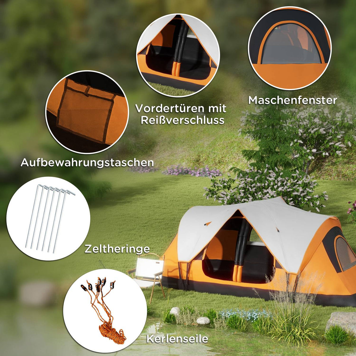Camping tent, tunnel tent for 8 people, with light hooks, mesh window, 2 rooms, windproof family tent with carry bag, 2000mm water-repellent group tent for camping, garden, orange