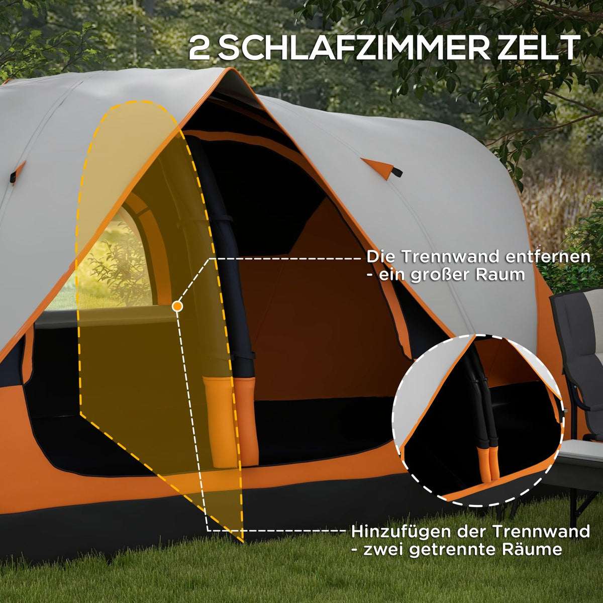 Camping tent, tunnel tent for 8 people, with light hooks, mesh window, 2 rooms, windproof family tent with carry bag, 2000mm water-repellent group tent for camping, garden, orange