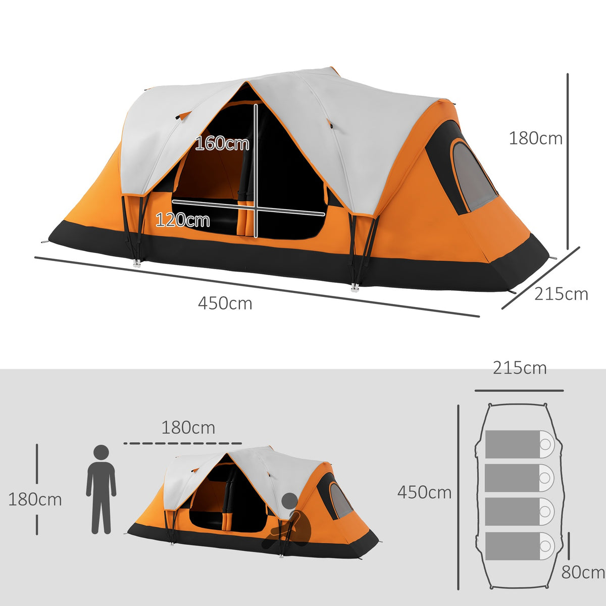 Camping tent, tunnel tent for 8 people, with light hooks, mesh window, 2 rooms, windproof family tent with carry bag, 2000mm water-repellent group tent for camping, garden, orange