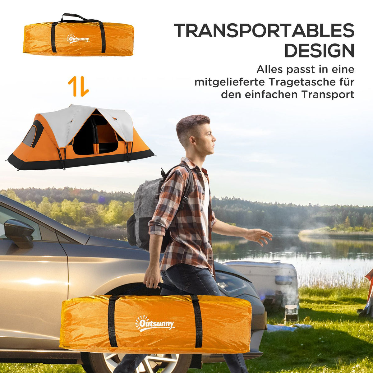 Camping tent, tunnel tent for 8 people, with light hooks, mesh window, 2 rooms, windproof family tent with carry bag, 2000mm water-repellent group tent for camping, garden, orange