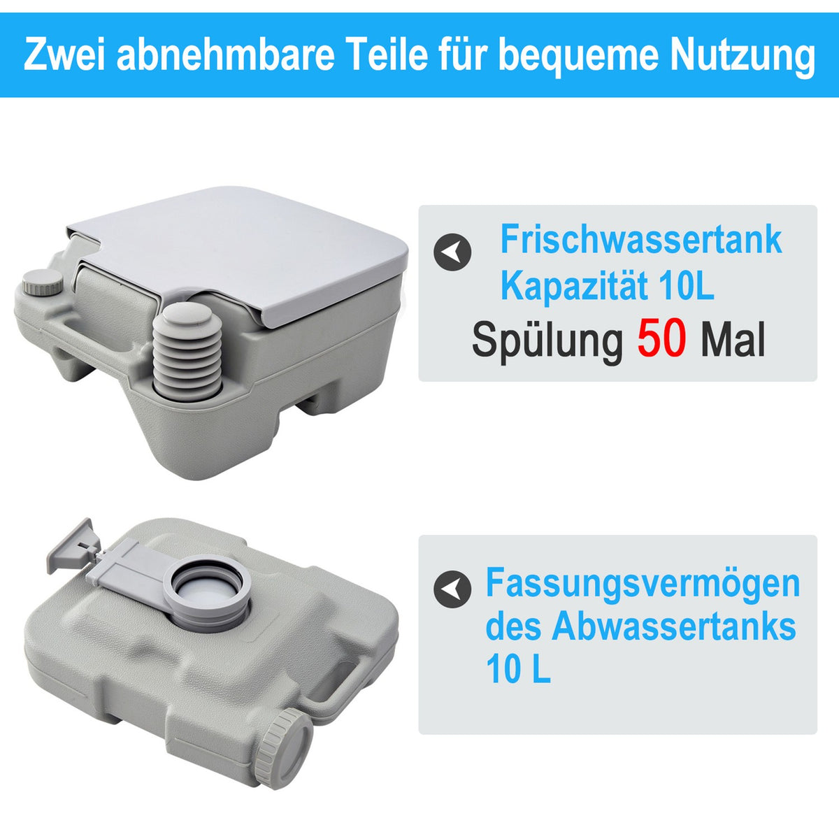 Camping toilet, foldable travel toilet, max. load capacity up to 200 kg, 10L folding toilet, dry separation toilet for camping, hiking, traveling, fishing, gray