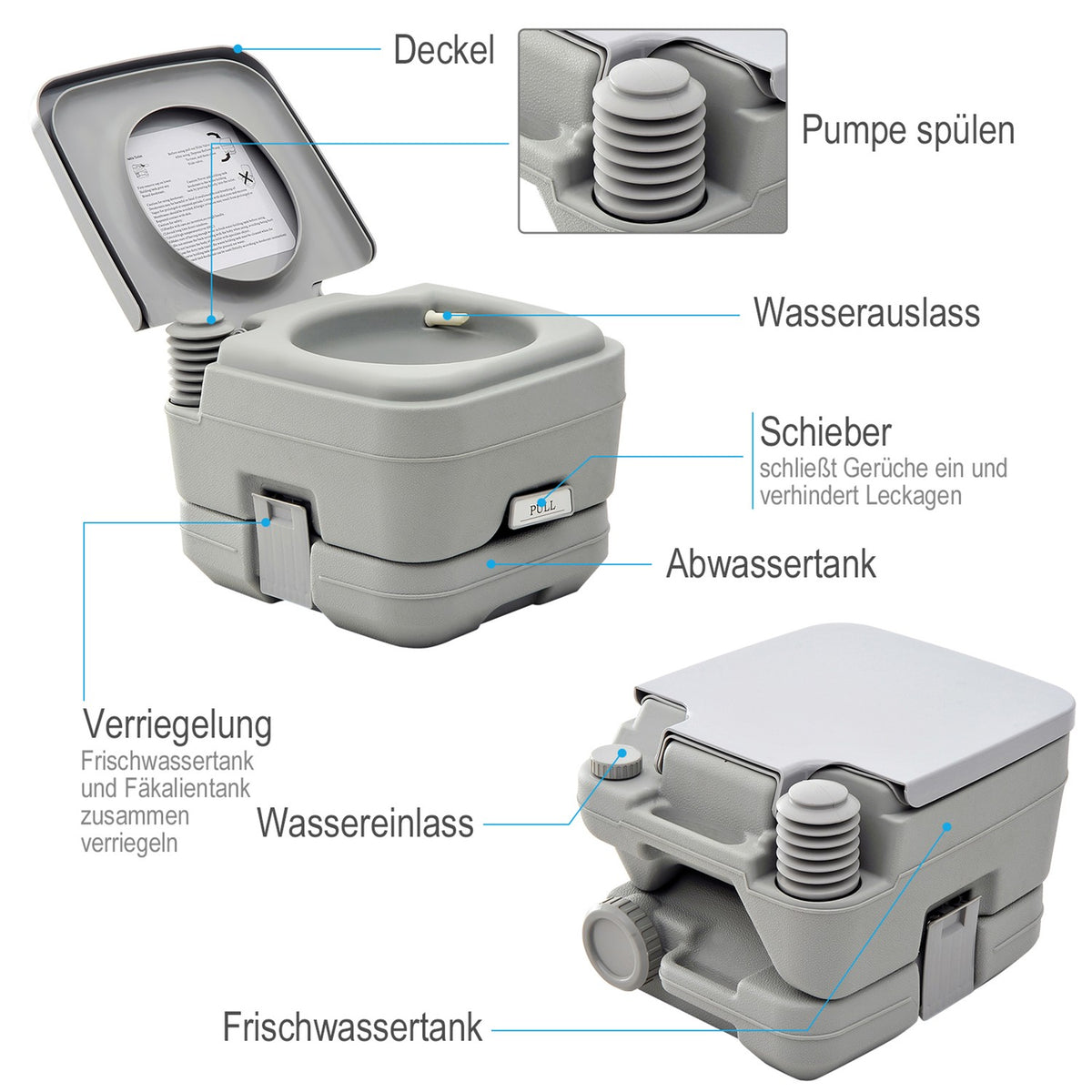 Camping toilet, foldable travel toilet, max. load capacity up to 200 kg, 10L folding toilet, dry separation toilet for camping, hiking, traveling, fishing, gray