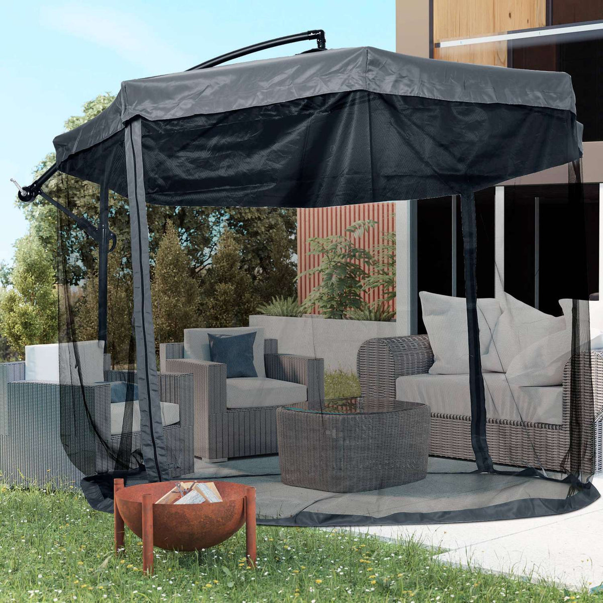 Cantilever Umbrella 295X295Cm Parasol Hand Crank Mosquito Net 360° Rotatable Garden Umbrella 8 People Market Umbrella Balcony Steel Polyester
