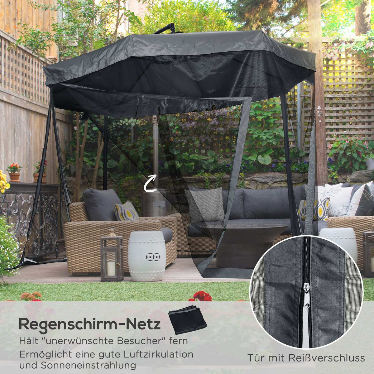 Cantilever Umbrella 295X295Cm Parasol Hand Crank Mosquito Net 360° Rotatable Garden Umbrella 8 People Market Umbrella Balcony Steel Polyester