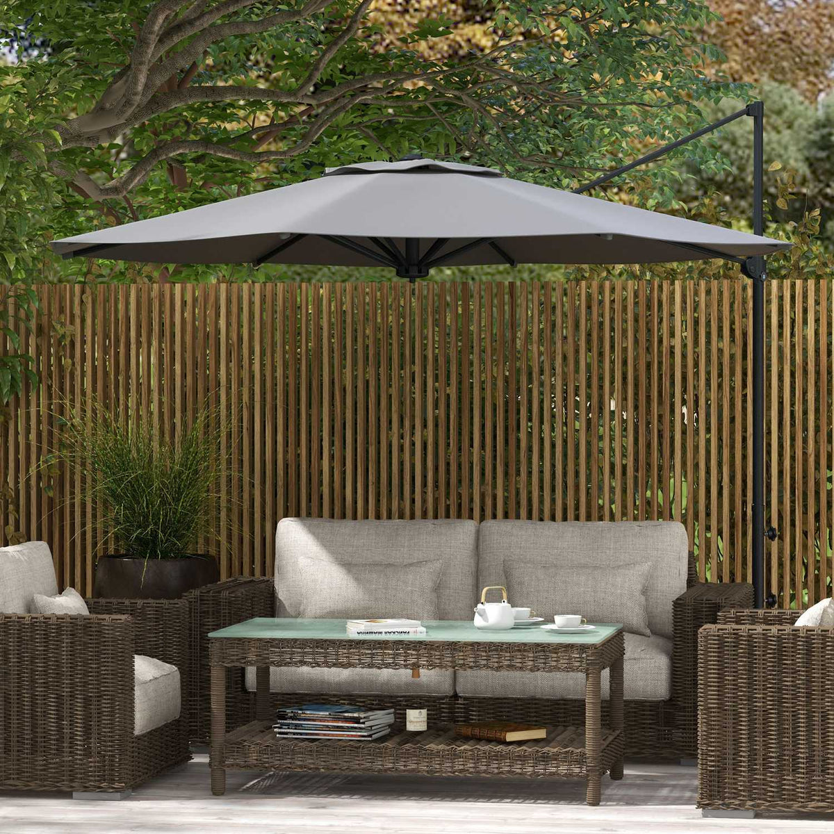 Cantilever Umbrella Approx. Ø3 M Parasol With Crank, Tilting Market Umbrella, Rotating Garden Umbrella For Balcony, Terrace, Metal, Dark Gray