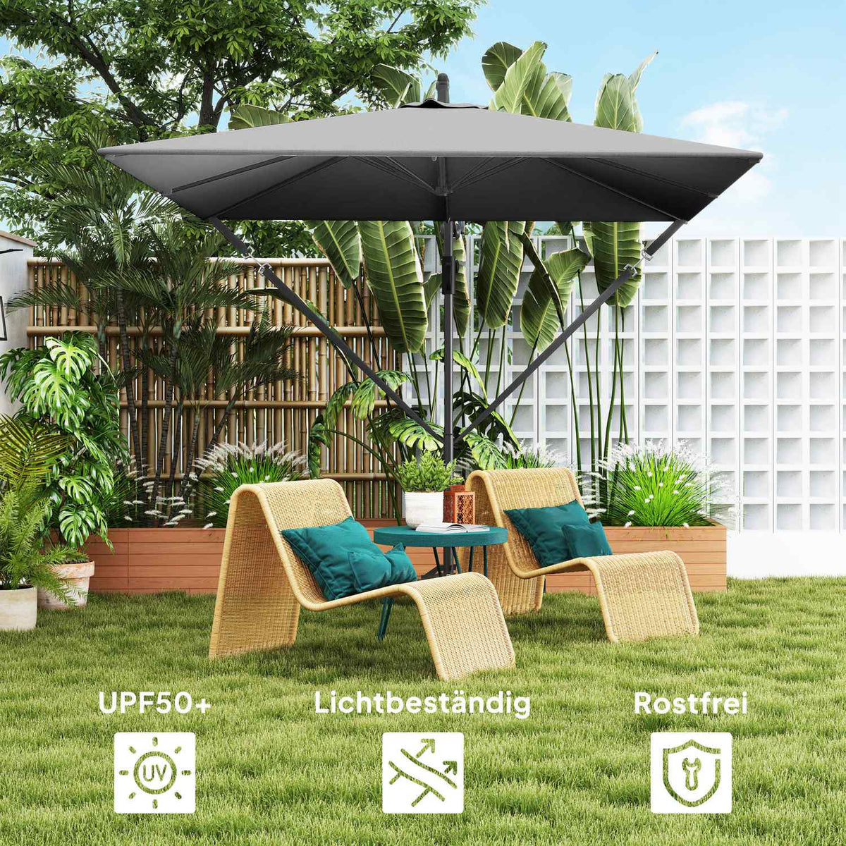 Cantilever umbrella Ø260 cm parasol with UV protection 50+ water-repellent crank umbrella with stand, cover, crank, wind lock, market umbrella tiltable garden umbrella for balcony terrace gray