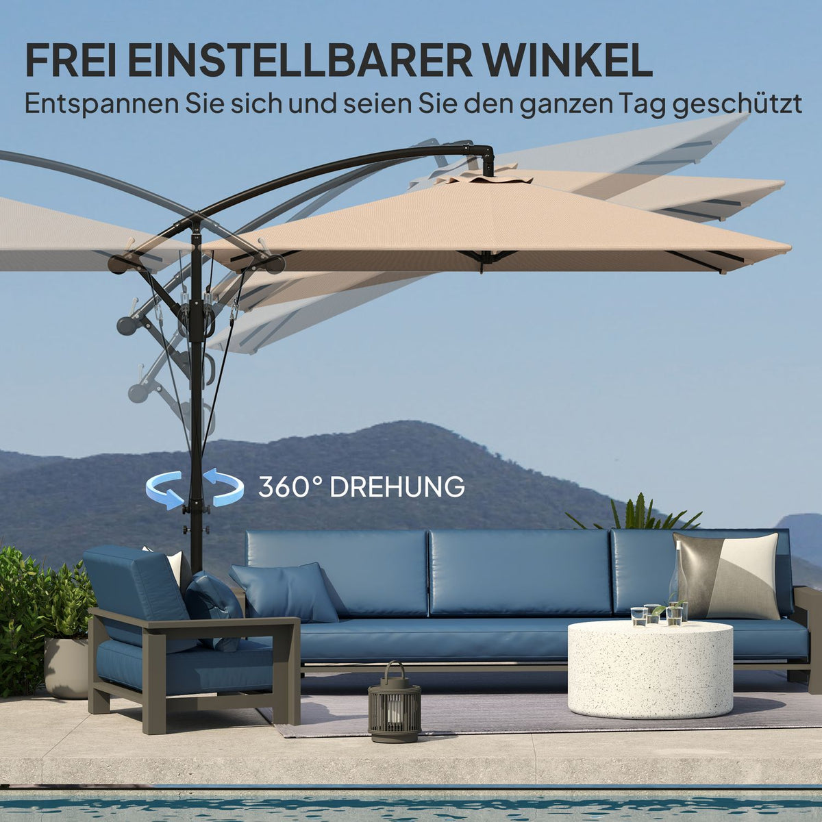 Cantilever umbrella Ø260 cm parasol with UV protection 50+ water-repellent crank umbrella with stand, cover, crank, wind lock, market umbrella tiltable garden umbrella for balcony terrace khaki