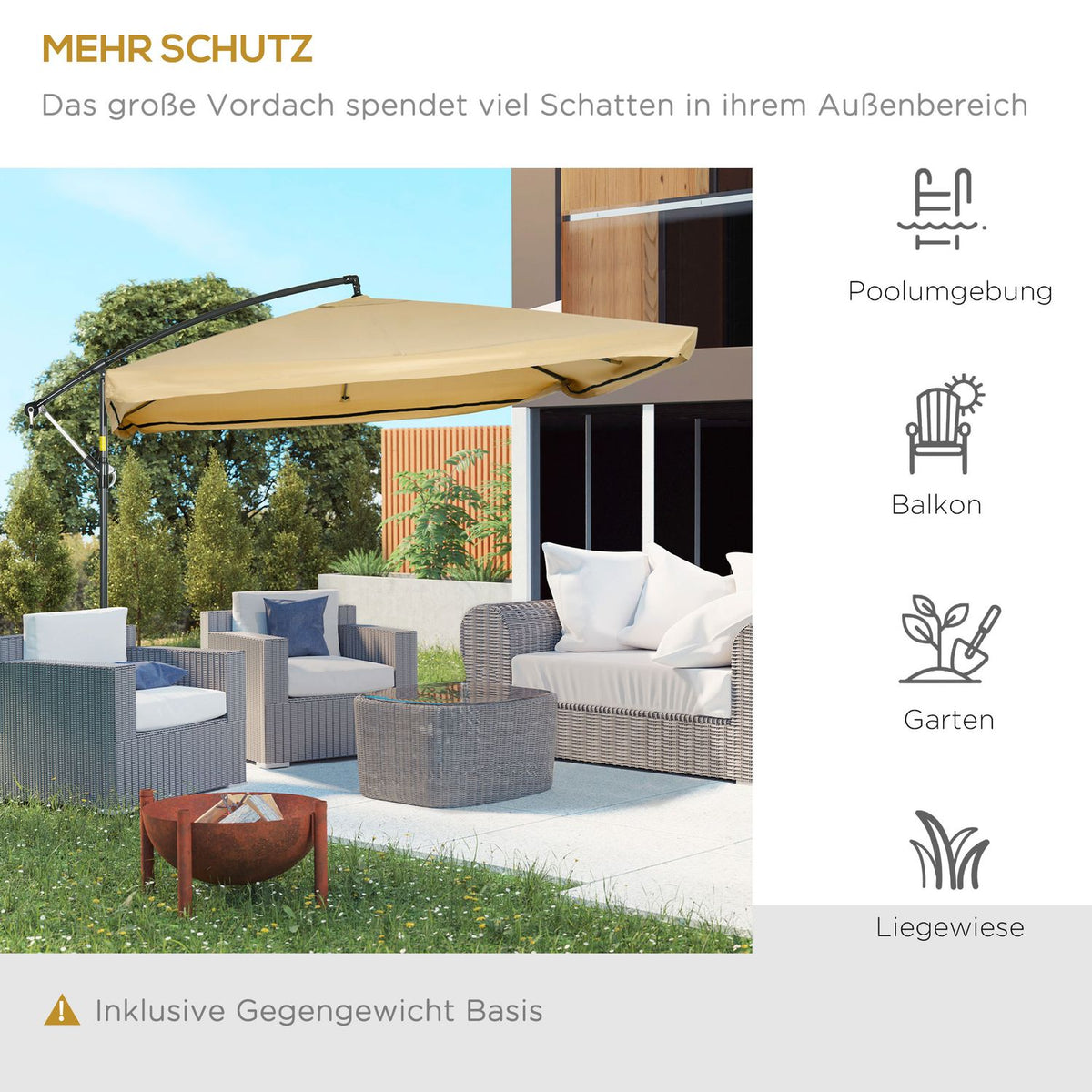 Cantilever umbrella, 296 x 296cm parasol with mesh sides, tilting market umbrella, umbrella weight, garden umbrella for terrace, balcony