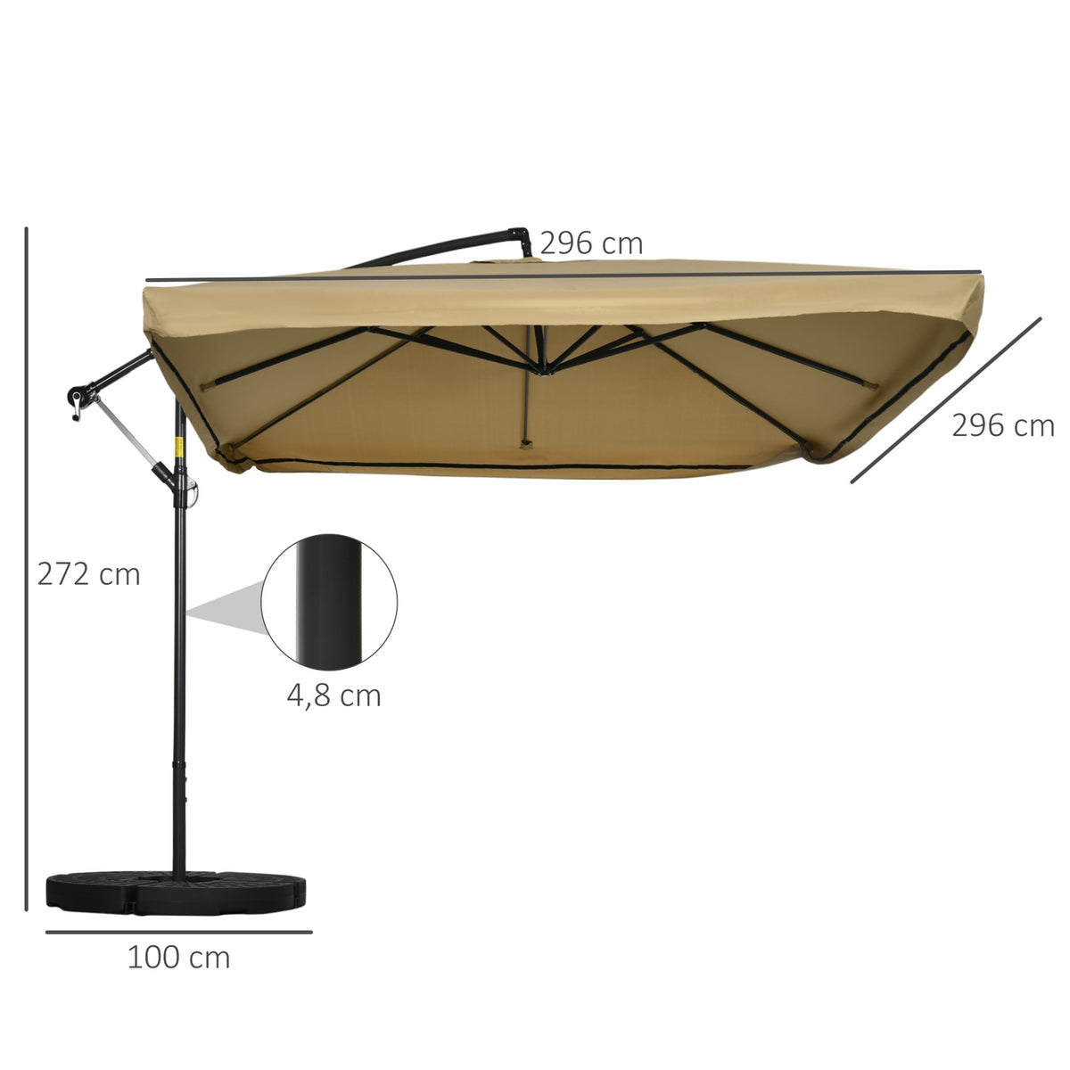 Cantilever umbrella, 296 x 296cm parasol with mesh sides, tilting market umbrella, umbrella weight, garden umbrella for terrace, balcony