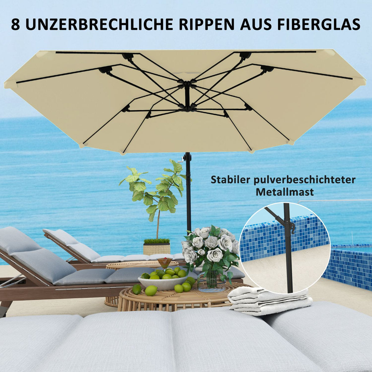 Cantilever umbrella, aluminum diameter 260 cm, parasol, waterproof, crank umbrella with stand, crank, wind lock, tiltable market umbrella, tiltable garden umbrella, sun protection for balcony, garden, terrace, beige