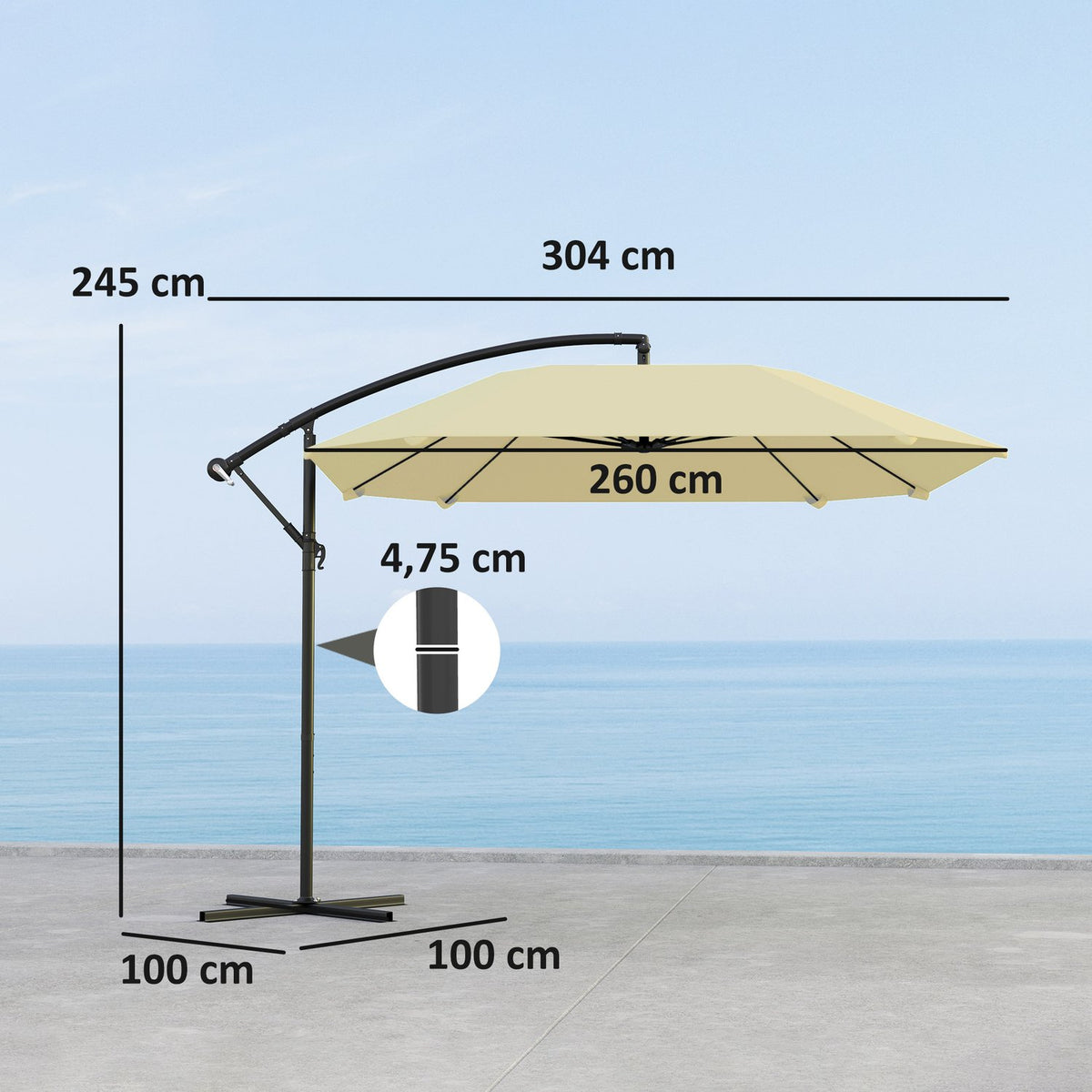 Cantilever umbrella, aluminum diameter 260 cm, parasol, waterproof, crank umbrella with stand, crank, wind lock, tiltable market umbrella, tiltable garden umbrella, sun protection for balcony, garden, terrace, beige