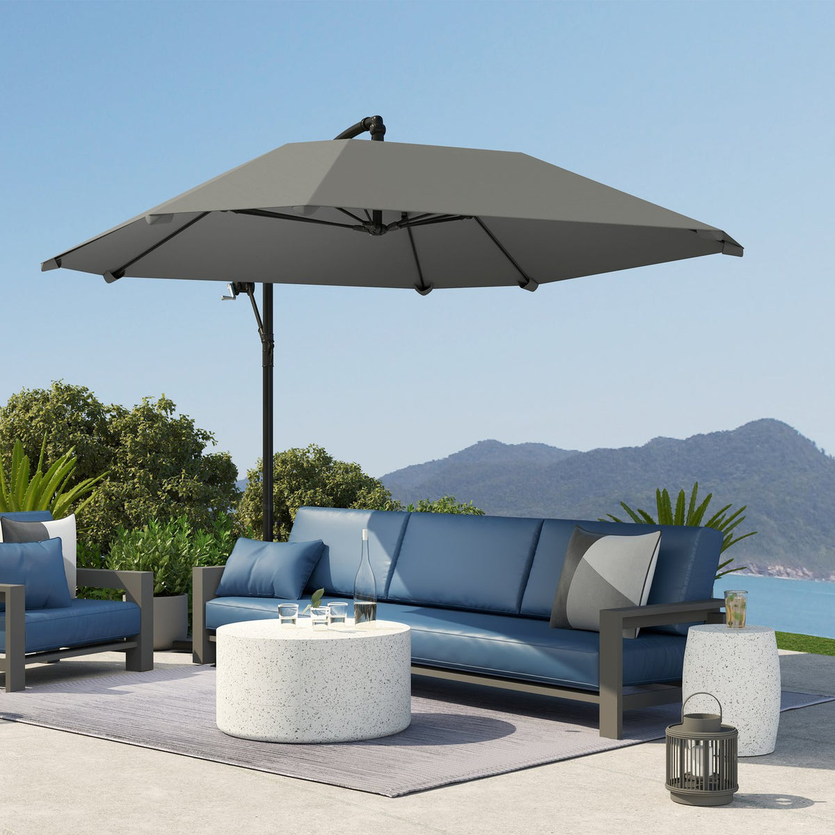 Cantilever umbrella, aluminum diameter 260 cm, parasol, waterproof, crank umbrella with stand, crank, wind lock, tiltable market umbrella, tiltable garden umbrella, sun protection for balcony, garden, terrace, dark gray