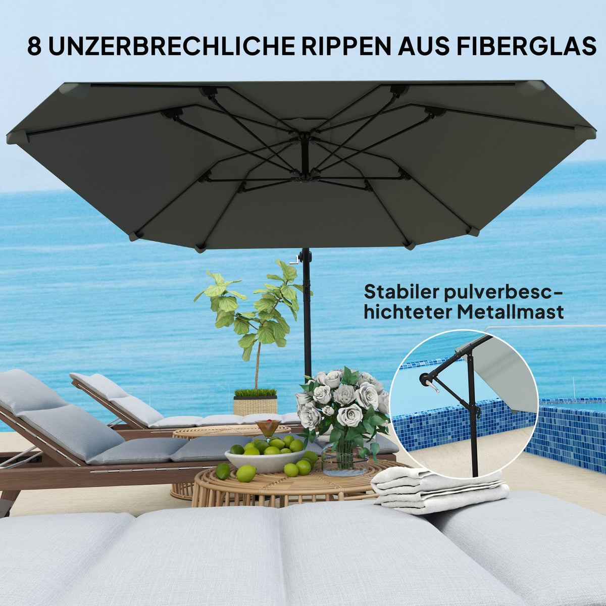 Cantilever umbrella, aluminum diameter 260 cm, parasol, waterproof, crank umbrella with stand, crank, wind lock, tiltable market umbrella, tiltable garden umbrella, sun protection for balcony, garden, terrace, dark gray