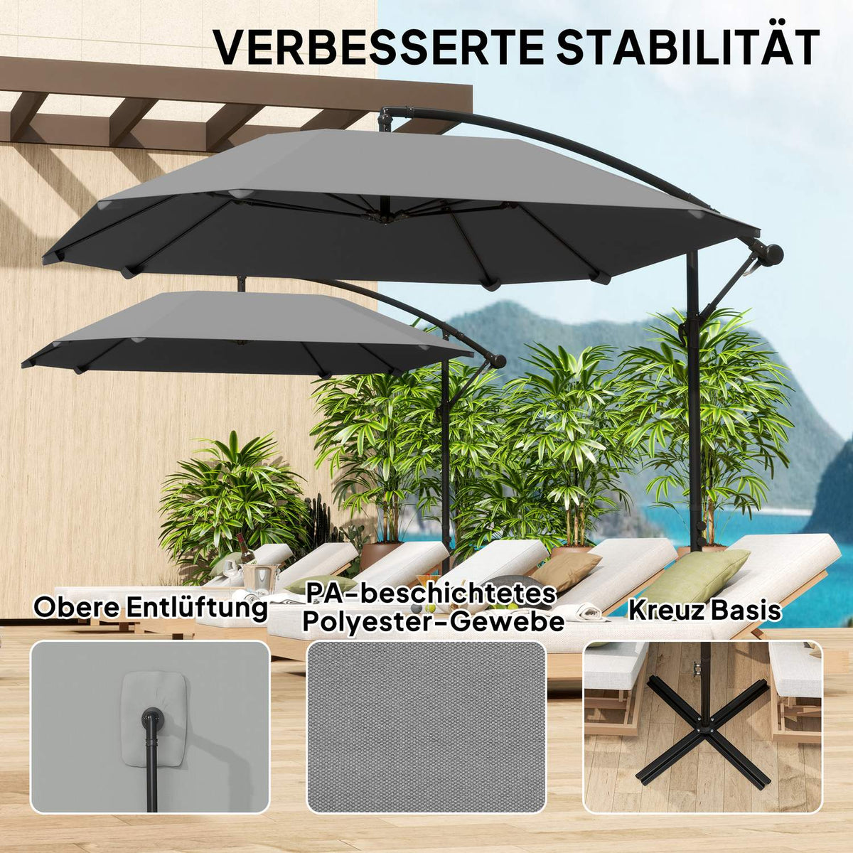 Cantilever umbrella, aluminum diameter 260 cm, parasol, waterproof, crank umbrella with stand, crank, wind lock, tiltable market umbrella, tiltable garden umbrella, sun protection for balcony, garden, terrace, dark gray
