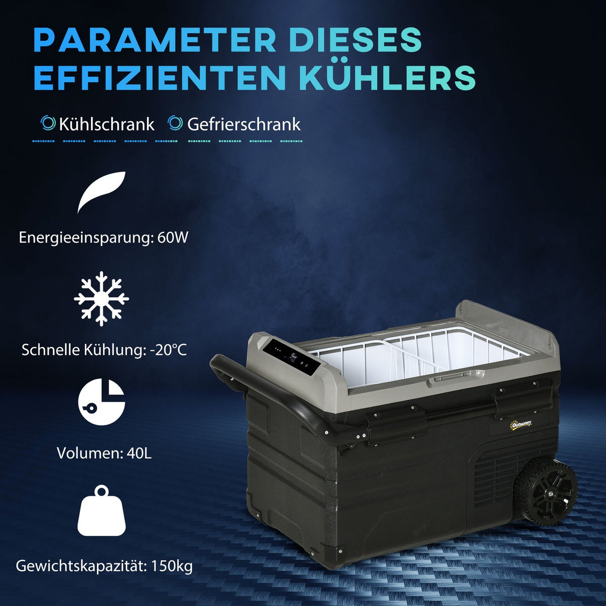 Car Cooler Box 40L With Led Lighting, Compressor Car Fridge, Transport Wheels, 12/24V Dc And 110-240V Ac, Grey+Black