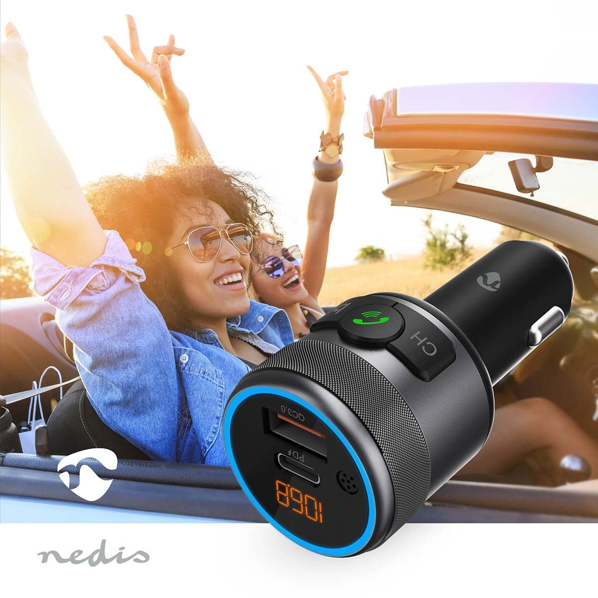 Car FM Transmitter | Fixed | Hands free calling | 1 " | Amber Screen | Bluetooth® | PD 18 W / PD 24 W | Fast charging | Bass boost | Google Assistant / Siri | Black