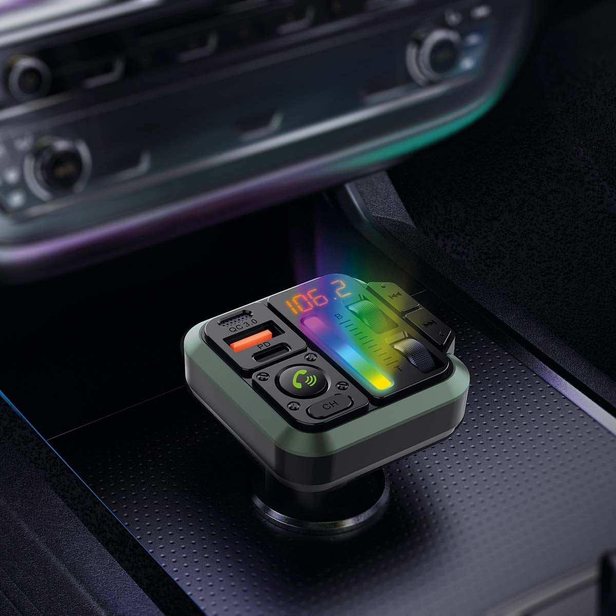 Car FM Transmitter | Fixed | Hands free calling | 1 " | Amber Screen | Bluetooth® | PD 18 W / PD 24 W | Fast charging | Bass boost | Google Assistant / Siri | Black