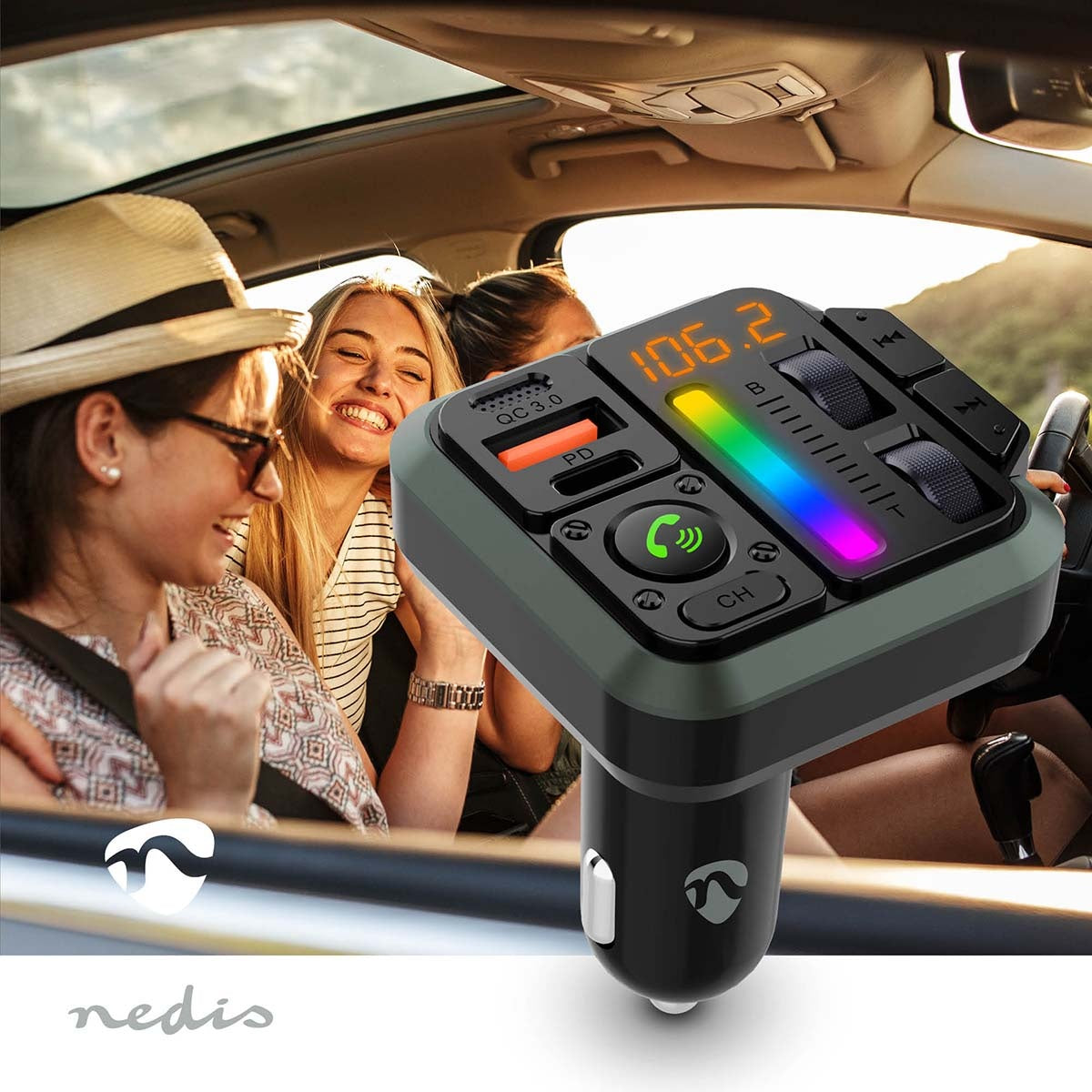 Car FM Transmitter | Fixed | Hands free calling | 1 " | Amber Screen | Bluetooth® | PD 18 W / PD 24 W | Fast charging | Bass boost | Google Assistant / Siri | Black
