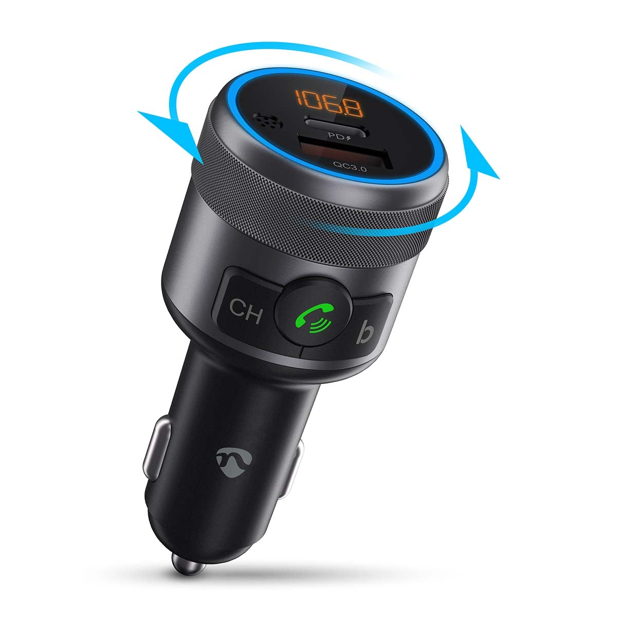 Car FM Transmitter | Fixed | Hands free calling | 1 " | Amber Screen | Bluetooth® | PD 18 W / PD 24 W | Fast charging | Bass boost | Google Assistant / Siri | Black