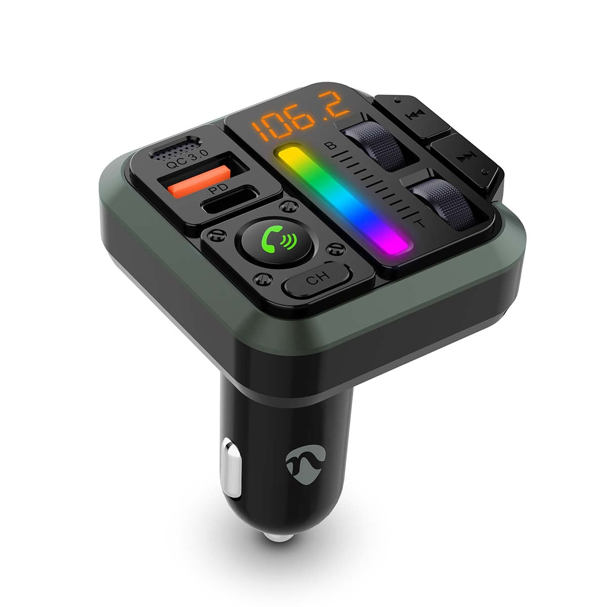 Car FM Transmitter | Fixed | Hands free calling | 1 " | Amber Screen | Bluetooth® | PD 18 W / PD 24 W | Fast charging | Bass boost | Google Assistant / Siri | Black