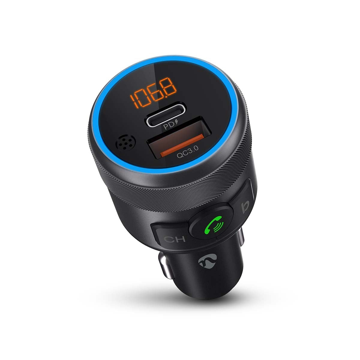 Car FM Transmitter | Fixed | Hands free calling | 1 " | Amber Screen | Bluetooth® | PD 18 W / PD 24 W | Fast charging | Bass boost | Google Assistant / Siri | Black