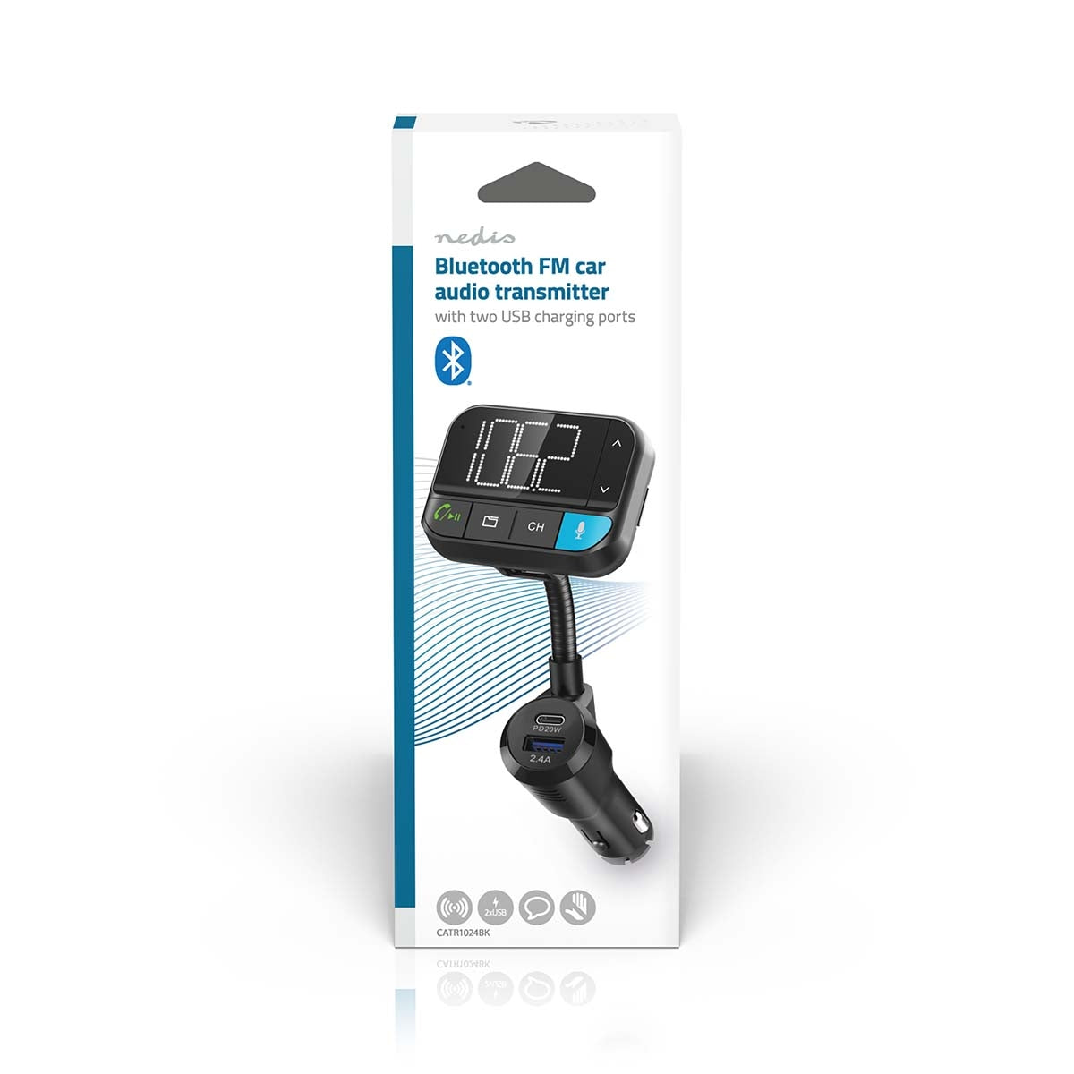 Car FM Transmitter | Gooseneck | Hands free calling | 2 " | Black White Screen | Bluetooth® | PD 20 W / QC 3.0 | Fast charging | Bass boost | Google Assistant / Siri | Black