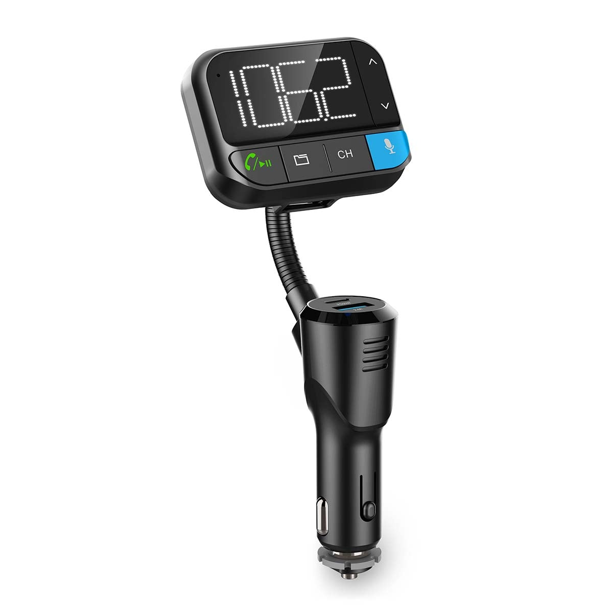 Car FM Transmitter | Gooseneck | Hands free calling | 2 " | Black White Screen | Bluetooth® | PD 20 W / QC 3.0 | Fast charging | Bass boost | Google Assistant / Siri | Black