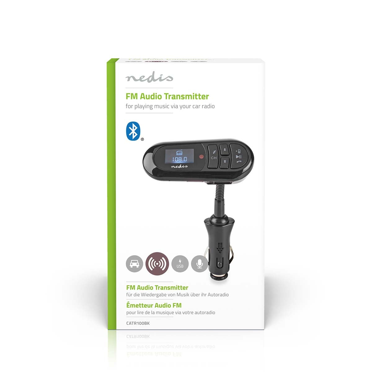 Car FM Transmitter | Gooseneck | Wireless calls | 0.4 " | LCD screen | Bluetooth® | 5.0 V DC / 0.5 A | Google Assistant / Siri | Black