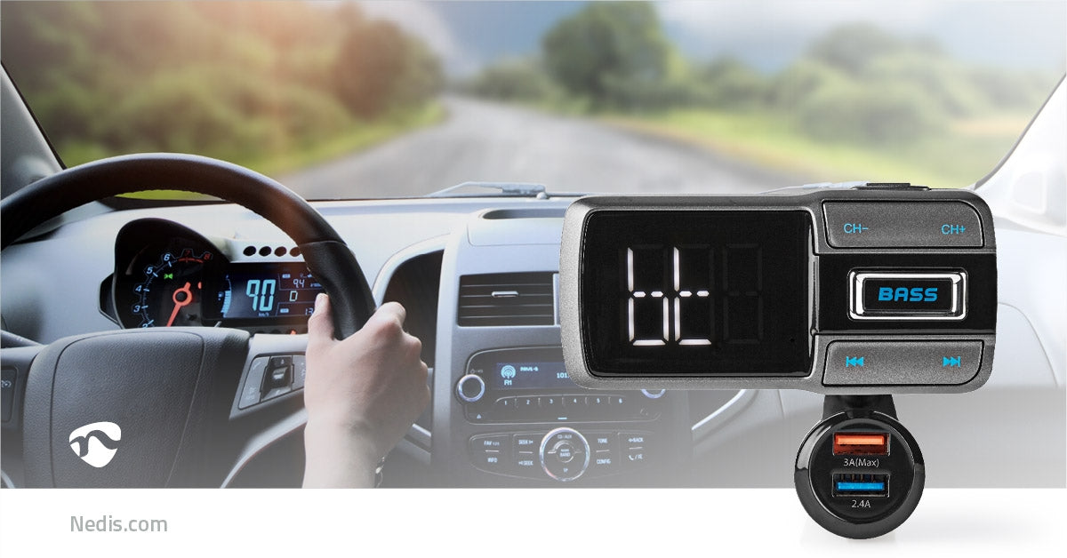 Car FM Transmitter | Gooseneck | Wireless calls | 2.0 " | LED Screen | Bluetooth® | QC 3.0 / 5.0 V DC / 2.4 A | Fast charging | Bass boost | Google Assistant / Siri | Gray / Black