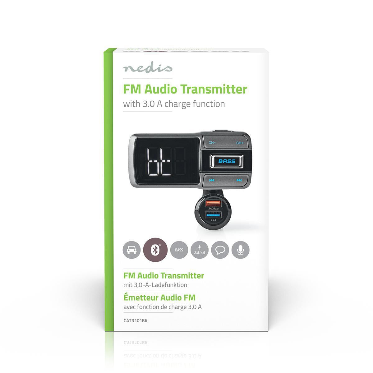 Car FM Transmitter | Gooseneck | Wireless calls | 2.0 " | LED Screen | Bluetooth® | QC 3.0 / 5.0 V DC / 2.4 A | Fast charging | Bass boost | Google Assistant / Siri | Gray / Black