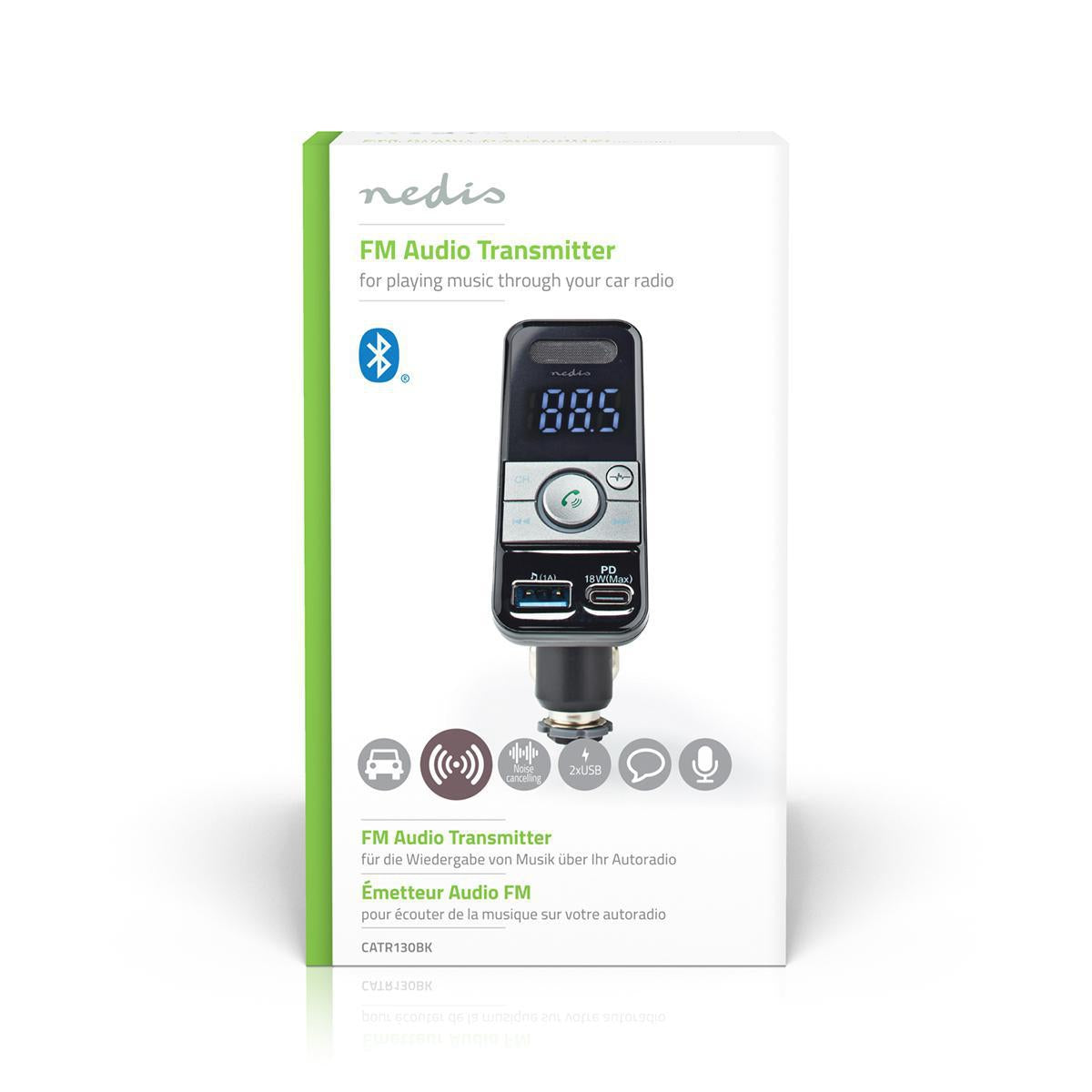 Car FM Transmitter | Tiltable | Wireless calls | 1.1 " | LED Screen | Bluetooth® | PD 18 W / 5.0 V DC / 1.0 A | Fast Charging | Google Assistant / Siri | Gray / Black