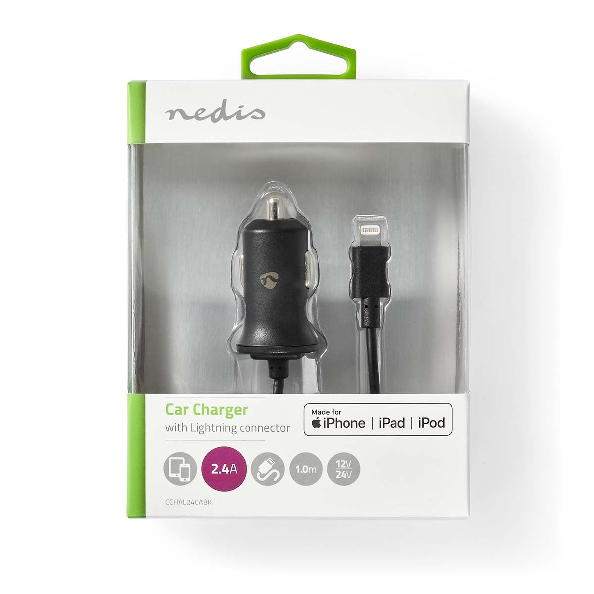 Car charger | 12 W| 1x 2.4 A| Number of outputs: 1 | Lightning 8-Pin (Fixed) Cable | 1.00 m | Single Voltage Output