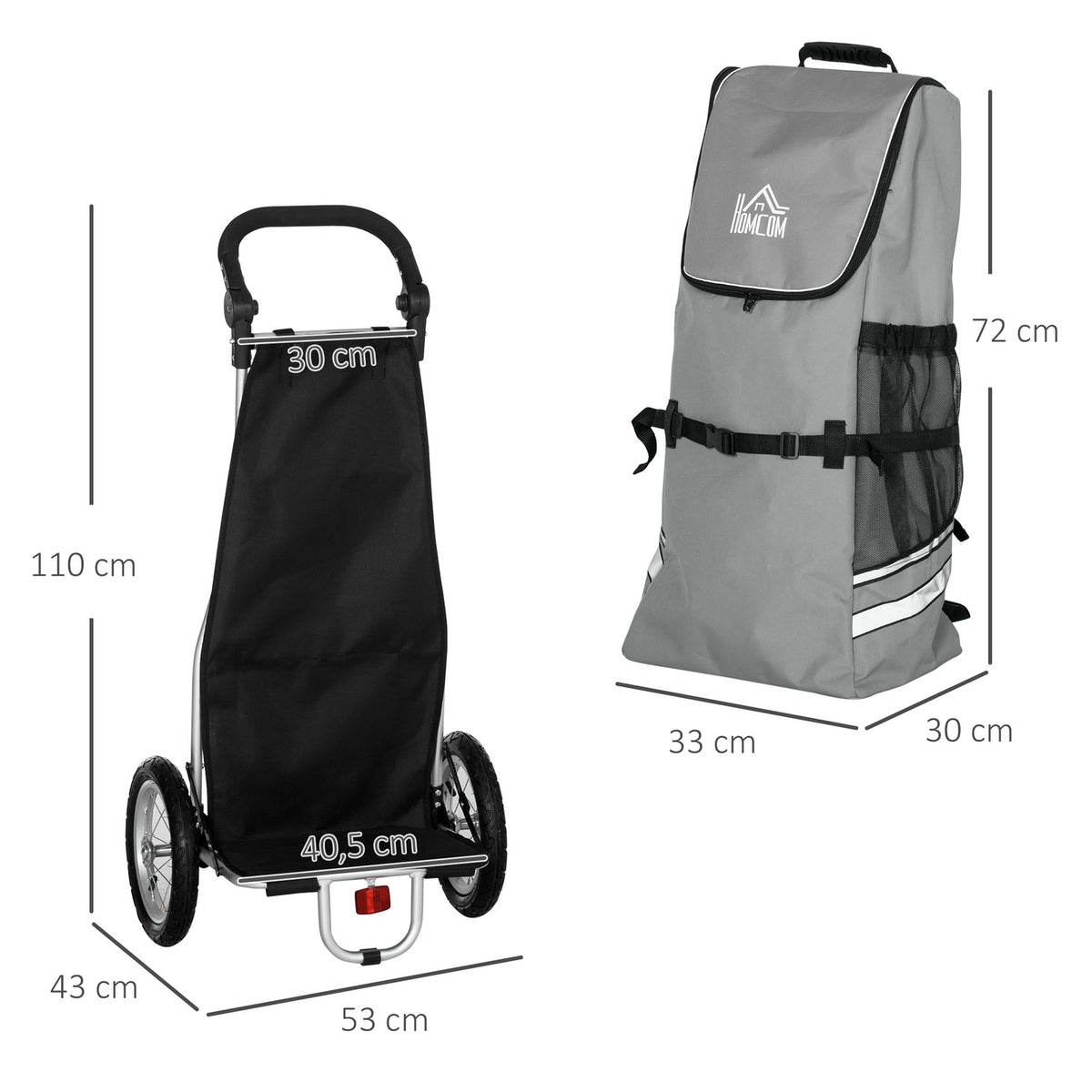 Cargo Trailer & Shopping Trolley 2 In 1 For Bicycle Trailers, With Connecting Clamps, 24.3Kg, 55L, Aluminum+Oxford, Gray+Silver, 53X43X110Cm