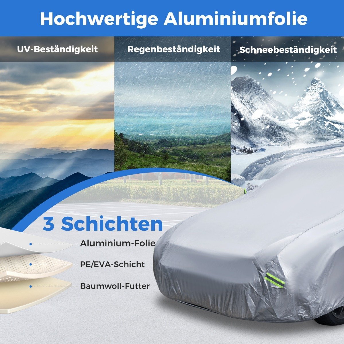 Car tarpaulin with zip and pocket, weatherproof car cover, 479 x 173 x 115 cm, silver