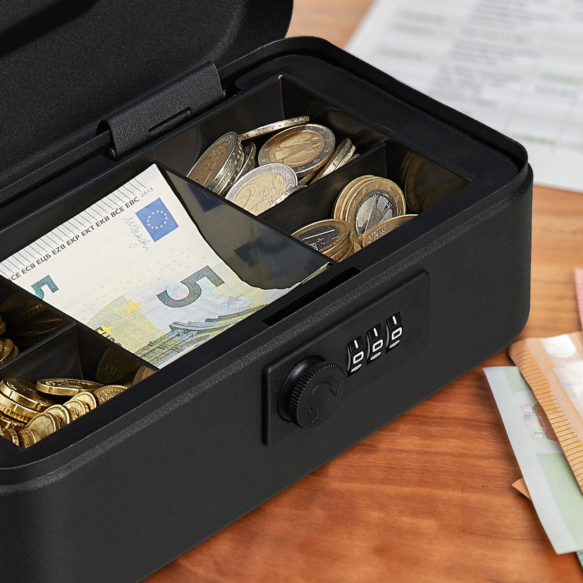 Cash Box with Combination Lock, Steel, 5-Compartment Tray