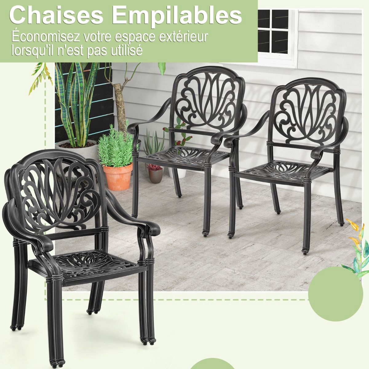 Cast Aluminum Stackable Patio Chairs Set of 2, Black