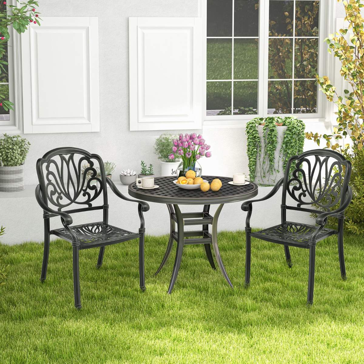 Cast Aluminum Stackable Patio Chairs Set of 2, Black