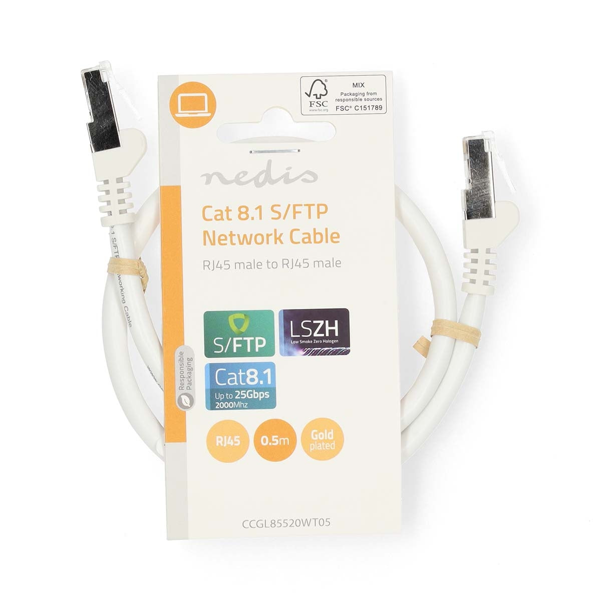 Cat 8.1 Network Cable | S/FTP | RJ45 Male | RJ45 Male | 0.50 m | Round | LSZH | White | Label