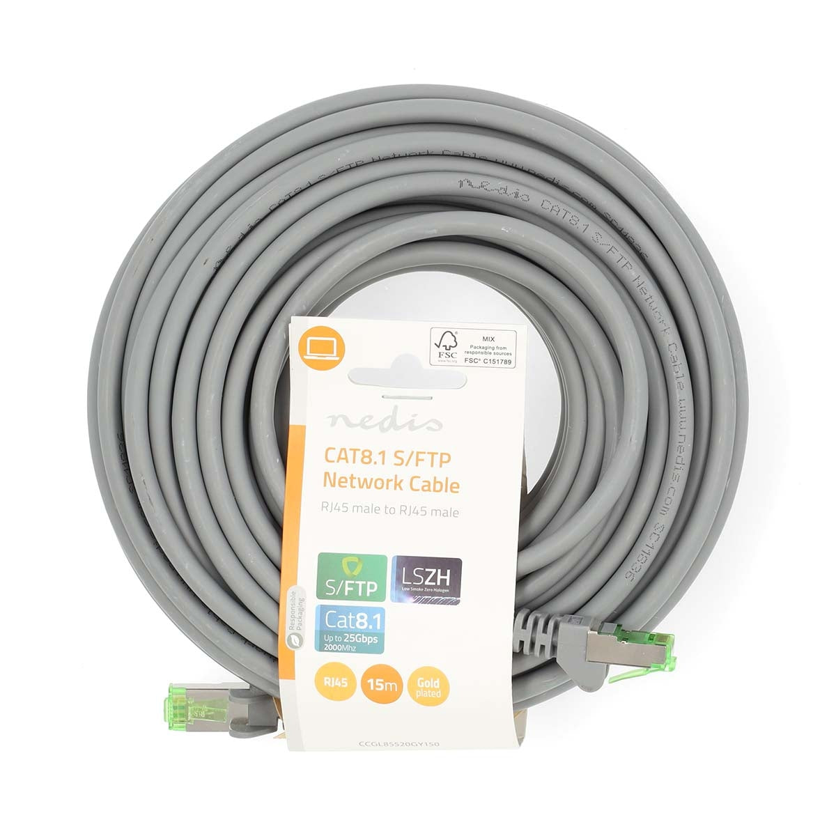 Cat 8.1 Network Cable | S/FTP | RJ45 Male | RJ45 Male | 15.0 m | Round | LSZH | Grey | Label