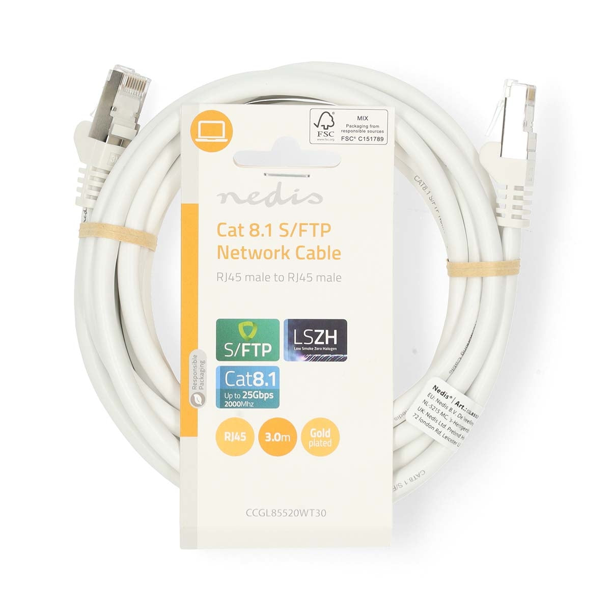 Cat 8.1 network cable | S/FTP | RJ45 male | RJ45 male | 3.00 m | Round | LSZH | White | Label