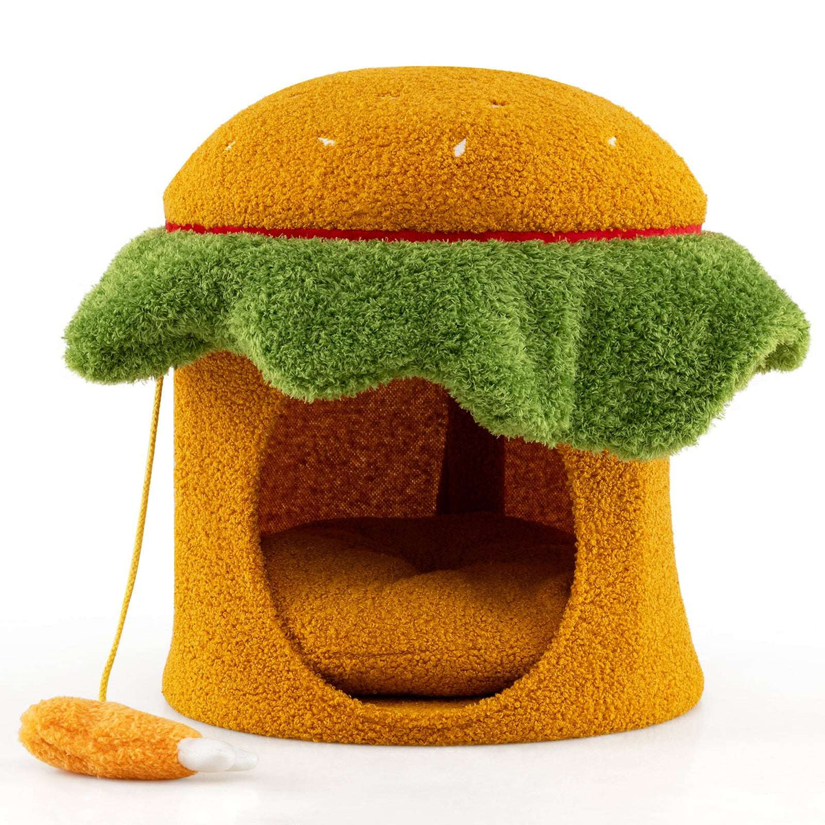 Cat Bed Cave, Hamburger Shape, Plush Cushion, Orange